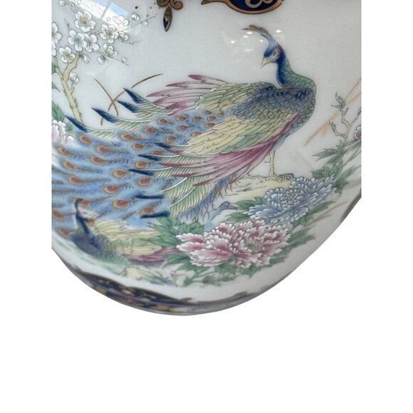 vintage Porcelain Ginger Jar Peacock & Floral Design Lid Blue/Gold Accents Asian - Picture 7 of 9